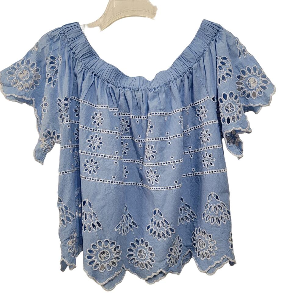 Mud Pie Women's ETTA Eyelet Off Shoulder Blouse Top Shabby Chic Preppy Blue Lg